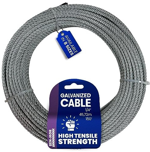 Galvanized Steel Cable for Fencing, Clothesline, Deck Railing, Pulley, Winch Loop – 1/4 in x 150 FT 7X7 Core Flexible Cable Wire Rope with 840 LBS Breaking Strength for Home and Industrial Use