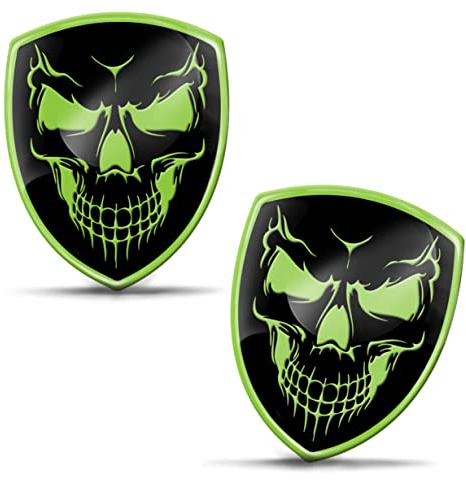 Biomar Labs 2 x Aufkleber 3D Gel Silikon Autoaufkleber Badge Moto Fahrrad Motorrad Biker Helm Stickers Auto Fenster Telefon Laptop PC Tablet Tür Emblem (Schädel Schwarz Grün KS 96)