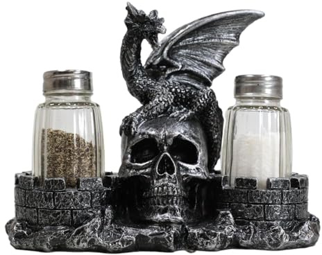 Ebros Gift Magic Spice Gothic Medieval Roaring Dragon Perching On Oversized Skull By Castle Towers Salt And Pepper Shakers Holder Figurine Set Dungeons And Dragons Medieval Fantasy Kitchen Decor