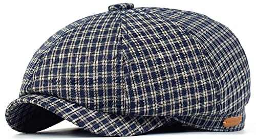 tcax Schiebermütze Herren Frühling Sommer Karierte Ballonmütze Achteckiger Hut Vintage Weiche Lässige Baskenmütze Visier Gatsby Flacher Efeuhut, Marineblau, 56-59 cm