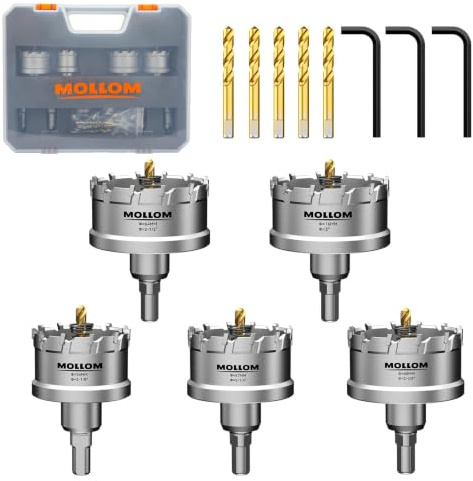 Mollom 5 piezas (54-76 mm) TCT Carbide Hole Saw Kit para metal duro, que incluye 5 cortadores de agujeros grandes con 5 brocas piloto adicionales y 3 llaves hexagonales.