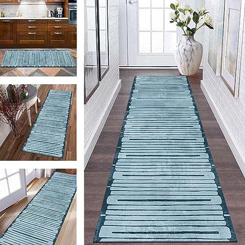 Läufer Teppich Küche Langer Flur Rutschfester Küchenteppich Teppichmatten 120 x 450 cm Küchenläufer Türkis Korridor Teppichläufer Waschbar Meterware Flurläufer Wohnzimmer Schlafzimmer Breite