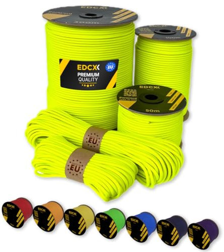 EdcX Paracord 4 mm, 35+ Volltonfarben (10 m, 15 m, 30 m, 50 m, 100 m, 300 m) | Ideal zum Basteln, Camping, Outdoor | 100% Nylonseil 4 mm| Paracord 550 Typ III (Sofit Yellow, 10 m)