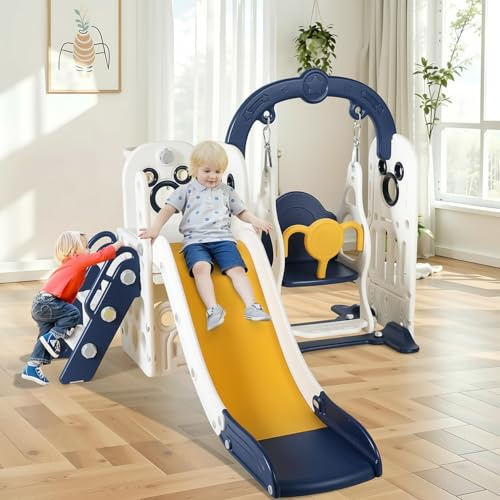 MAMIZO 7 in 1 Toddler Slide and Swing Set, Freestanding Kids Large Climber Playset with Basketball Hoop,Storage Space, Baby Indoor Outdoor Playground for Boys&Girls (Dark Blue)