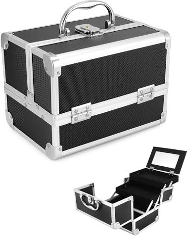 QWORK® Tragbarer Kosmetikkoffer mit Spiegel, Schminkkoffer in Schwarz, Schminkkasten Aluminiumlegierung, Nagel Koffer