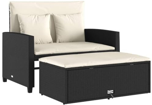 vidaXL Gartensofa 2-Sitzer, Outdoor Sofa mit Hocker mit Staufach, Gartenmöbel mit Kissen, Gartensessel Gartenbank, Schwarz Poly Rattan