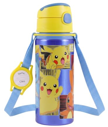 Pokémon Botella Reutilizable, Cantimplora Pikachu Diseño Aluminio Resistente, Botella de Agua para Niños, Botella Viaje con Asa, Capacidad 600 ml