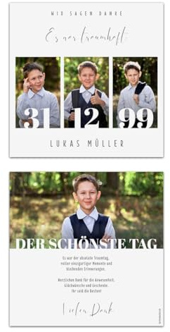 Personalisierte Kommunion Dankeskarten mit eigenen Fotos - quadratisch 148x148mm, dickes Papier, ab 10 Stück selbst gestalten - Foto Meilenstein