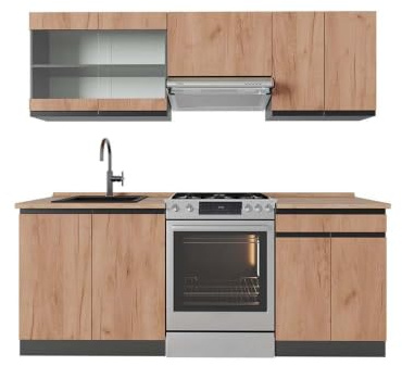 Vicco Küchenzeile R-Line, Goldkraft Eiche/Anthrazit, 200 cm | 5 Module · Höhenverstellbare Füße · AP Eiche inkl. · Robuste Fronten · Mit Glasschrank · Frei kombinierbar