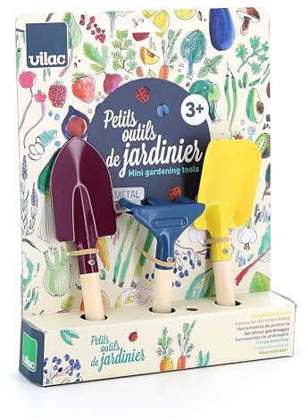 Vilac Piccoli attrezzi da giardiniere-set in legno e metallo per bambini dai 3 anni - Pale, trapiantatore e rastrello-ideale per scoprire il giardinaggio, i cicli di vita delle piante e impollinatori,