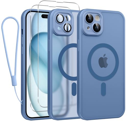 Phoona Cover Magnetica per iPhone 15 6,1 con Cordino e 2 Pellicole in Vetro Temperato, Compatibile con Magsafe, Custodia Traslucida Opaca Resistente Antiurto Sottile Protettiva Case, Blu