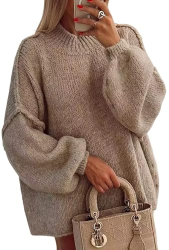 TIQOJE Women's Oversized Crewneck Fall Sweaters for Women 2024 Long Sleeve Fuzzy Knit Chunky Pullover Sweater(Khaki-M)