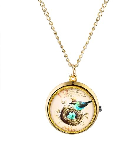 OIDEA Damen Vintage Taschenuhr mit Kette: Gold Vögel Skelett Design mit Antik Schmetterling Halskette Quarz Uhr Analog Arabische Zahlen Retro Damenuhr Geschenk für Frauen Freundin Familie
