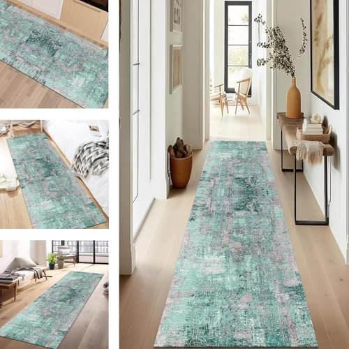 SUCERU Teppich Läufer Flur Diele Küche rutschfest Waschbar Dauerhaft 60X180CM Cyan Grau Abstrakt Teppichläufer für Wohnzimmer Korridor Schlafzimmer Büro Esszimmer Flurläufer Anpassbar Meterware