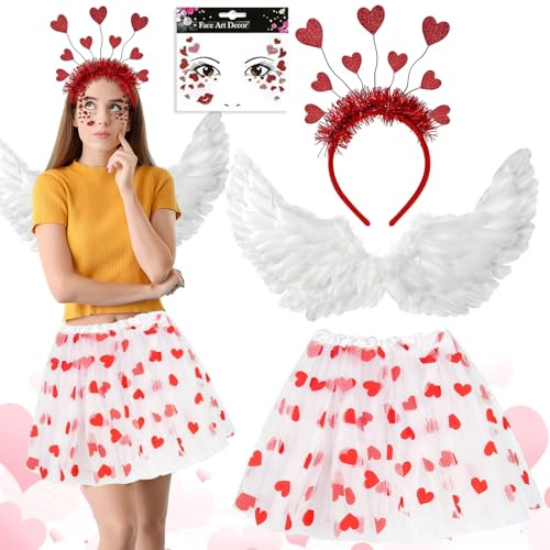 BGTLJKD Amor Kostüm Damen, Karneval Kostüme Amor Set mit Engelsflügel, Herzchen Tutu Rock, Valentinstag Herz Stirnband Pailletten, Amor Kostüme Accessoires für Valentinstag Karneval Party Cosplay
