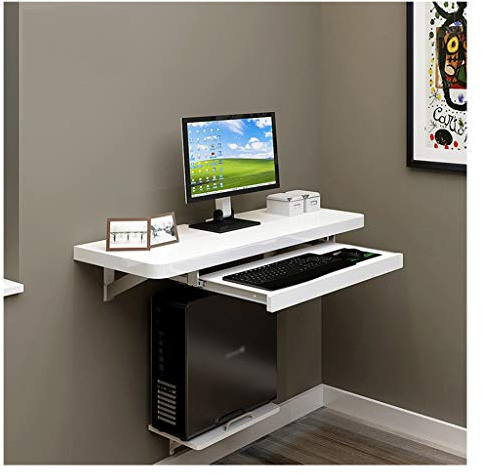 White Floating Wall Mounted Computer Desk with Pull Out Keyboard Tray Adjustable Hanging Rail and Concealed Cable Hole Perfect for Bedroom or Balcony Paint Desktop Desk