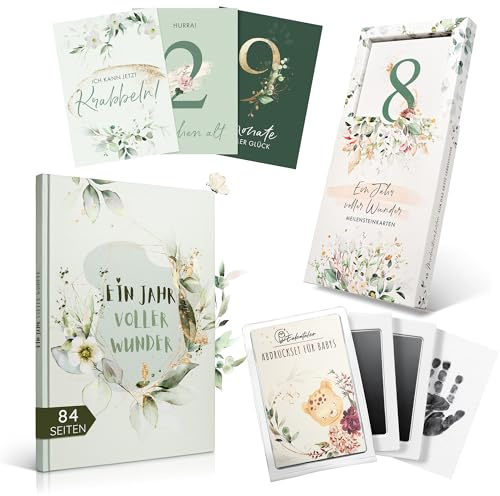 EULENTALER Baby Sparset [3in1] mit Babyalbum, Monatskarten, Abdruckset | Erinnerungsbuch Mein erstes Jahr, Komplettset mit Handabdruck und Fußabdruck, Geschenkidee zur Geburt und Babyparty