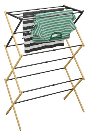 Relaxdays Wäscheständer klappbar, 11 Stangen, 5 Ebenen, 105,5x43-75x37,5 cm, ausziehbar, Bambus & Metall, Natur/schwarz