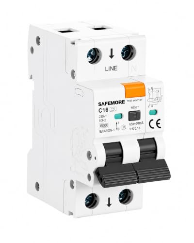 SAFEMORE RCBO FI/LS-Schalter Typ A C16 30mA 6kA 1P+N DIN-Hutschiene | Zuverlässiger Schutz vor Fehlerstrom, Überlast und Kurzschluss für sichere Stromkreise im Haushalt und Gewerbe.