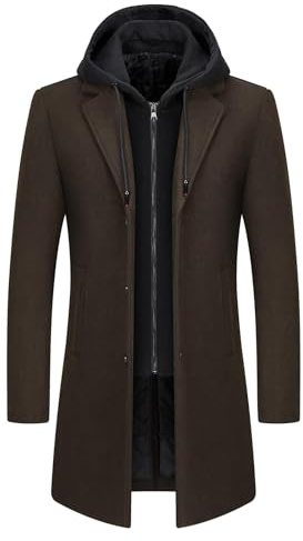 KUDMOL Abrigo de Hombre de Lana con Capucha Desmontable Cálido Largo Trench-Coat para Invierno Cabán Parka Hombre Slim Fit, café, L