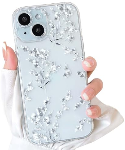 NITITOP für iPhone 15 Hülle Süßes Spitze Blume Muster, Weiß | für Frauen Mädchen, mit Aesthetic Floral Muster, Blumenzweig Design, Weiche Dünne TPU, Stoßfeste Handyhülle