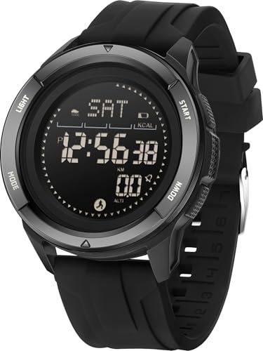 findtime Montre numérique pour homme avec podomètre, compte-pas, boussole, étanche, montre de sport, compteur de calories, montre de course à pied, avec lumière LED, chronomètre, compte à rebours