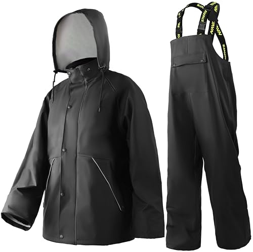 Navis Marine Combinaison de Pluie imperméable homme Tenue de travail résistante avec veste et pantalon, idéale pour pêche, chantier et plein air WS-005 | Ensemble veste et pantalon à bavette, coutures thermosoudées, rabat tempête, capuche réglable, coupe-vent