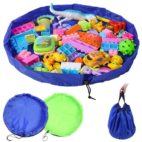 KASESSS 2 Pezzi Porta Giochi Bambini Con Cordoncino, Resistente Sacca Tappeto Gioco Bambini Pieghevole Portatile Giochi Spiaggia Organizer Per Riporre Idee E Pulizia Rapida Verde Blu