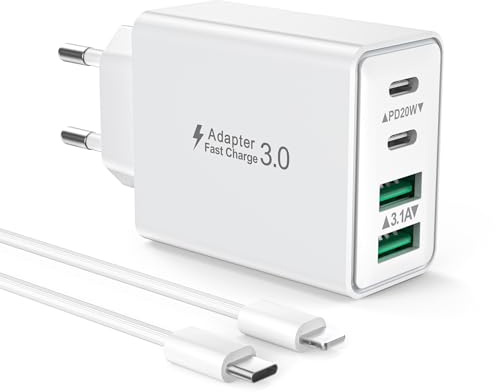 Caricatore USB C with 2M Cavo iPhone Rapido Presa Caricabatterie Caricatore for iPhone 14 13 12 11 Pro Max Plus/XS/XR/X/SE/8/7, iPad, 40W 4-Porto Spina USB Multiplo Alimentatore Adattatore Carica