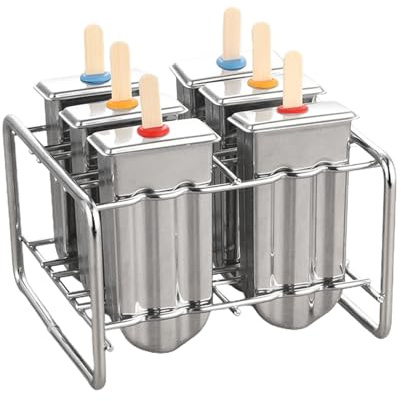 Paletas de helado de molde | 6 piezas de acero inoxidable con 100 palos | Base de apoyo incluida, moldes de paleta para helados caseros, cocina familiar ideal