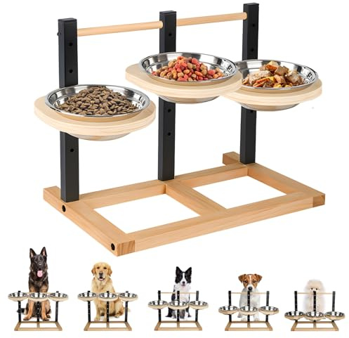 Hundenapf Erhöht,5 Höhenverstellbar Futterstation Hund Mit 3X1400ml Edelstahlnäpfen,Holz Erhöhte Hundenäpfe für Mittelgroße Bis Große Hunde