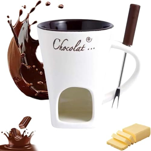 Schokoladenfondue Tasse, Keramik Schokofondue Tasse Set mit Gabel,Teelicht Schokolade, Schokoladenschmelzbecher, Käsewärmerbecher, Becherwärmer für Süßigkeiten (Beige)
