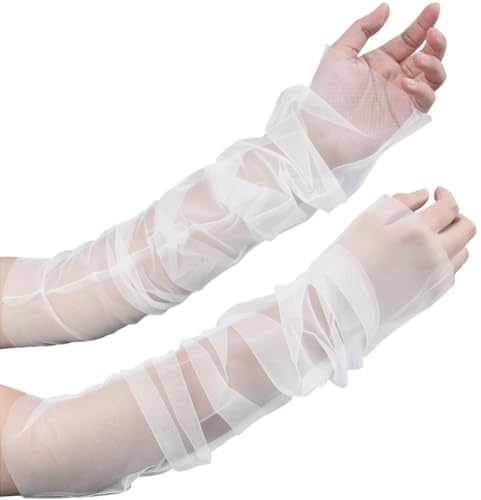 CREATCABIN Lange Weiße Brauthandschuhe Mit Abnehmbaren Tüllärmeln Fingerlos Ellenbogenlang Transparent Für Damen Hochzeit Oper Tanzparty Kostümzubehör 75x12.5cm