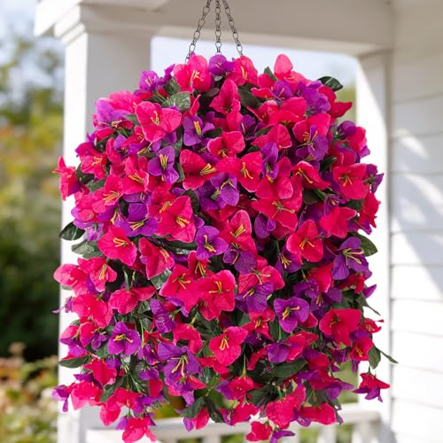 3 pcs Fake Bougainvillea Artificial Hanging Flowers Basket for Outdoors Decoration Faux Hanging Flowers Plants for Outdoor Planters Silk Bougainvillea Vines for Front Door Porch Patio Garden