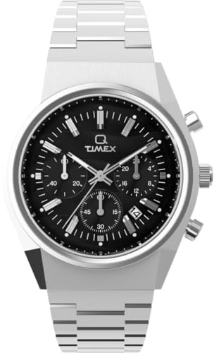 Timex - TW2Y34800 Q Falcon Eye kronograf på 40 mm för män, kvartsur – silverfärgat rostfritt stålarmband med svart urtavla