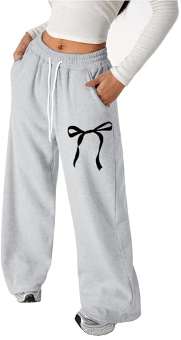 Generisch 2025 Baggy Pantalon de jogging avec nœud pour fille Pantalon de sport léger avec jambe droite et poches, gris, 15-16 ans