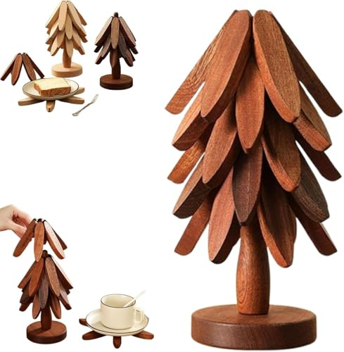 2026 Neu Holz Weihnachtsbaum Untersetzer Set, Holz Untersetzer und 1 Ständer wie EIN Weihnachtsbaum für Heiße Schüssel, Topf, Schüssel, Teekanne, Hot-Pot-Set (Dunkelbraun, 5PCS)