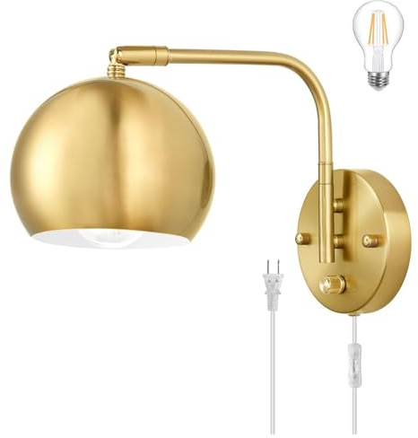 LOGT Gold Wandlampe Dimmbar mit Schalter Innen Wandleuchte mit Schalter und Stecker Drehbar Wandbeleuchtung Retro Industrial Verstellbare Wand Leselampe für Wohnzimmer, Schlafzimmer, Büro,1 stück