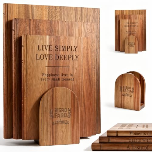 Bierofaro Book Chopping Board Set of 3 with Stand, Acacia Wood Cutting Board Set, Reversible Wooden Boards for Meat, Cheese, Bread, Fruit and Vegetables