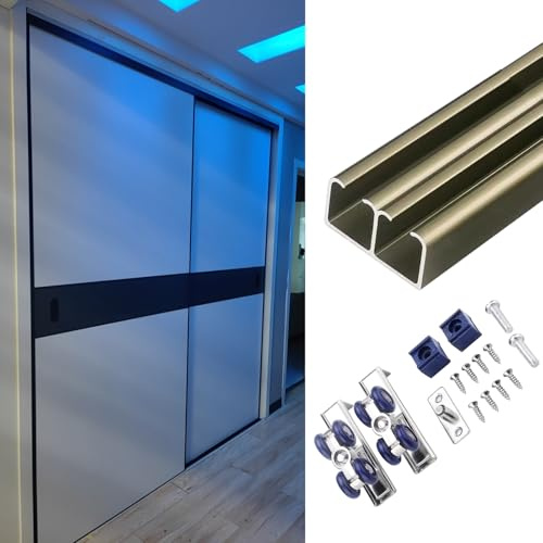 Schiebetür-Hardware-Kit – Schienensystem oben mit Ra, Rädern, Schrauben und Stoppern für Schlafzimmer, Kleiderschranktüren, Champagner-Finish, 3,0 m
