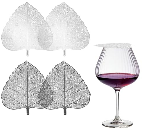 sourcing map 4 Pcs Stainless Steel Drink Covers, Leaf Shape Wine Glass Covers, Outdoor Wine Glass Lid for Drinks, Coffee, Tea, Beer, Silver/Black
