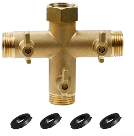 3 Way Garden Hose Splitter with Shut-Off Valves, Heavy Duty Brass Water Distributor for Outdoor Faucets, Includes 4 Silicone Washers