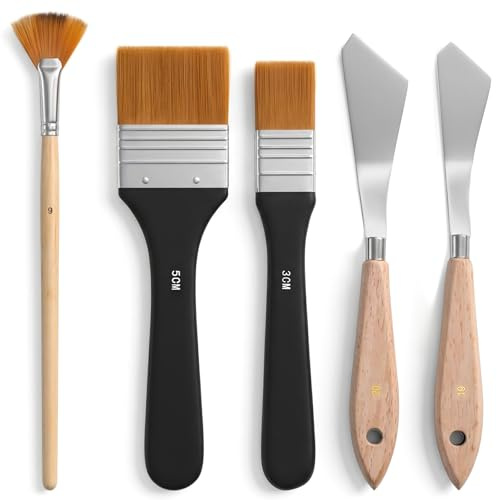 JJUNW Spachtel Acrylmalerei, 5 Stück Spachtel- und Malmesser-Set mit Flachpinsel, Fächerpinsel und Metallmesser für Leinwand Acryl Ölgemälde Gouache-Malerei