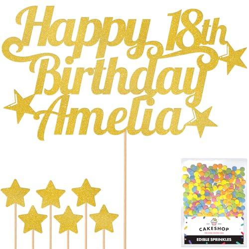 Cakeshop Personalised Happy Birthday Glitter Cake Topper - Gold Any Name & Any Age Glitter Cake Decoration and Sprinkles - Happy Birthday Decorations - Custom Toppers for Cakes