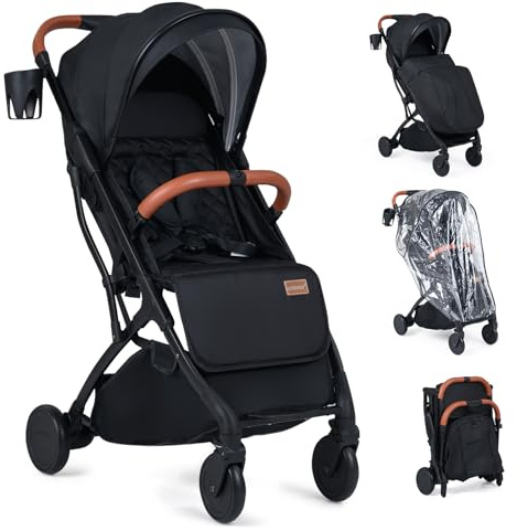 COSTWAY Silla de Paseo Plegable para Bebés, Cochecito Infantil Ligero con Respaldo, Capota y Reposapiés Ajustables, Cubierta para Lluvia,Saco para Pies y Cesta,Carrito para Niños de 0-36 Meses (Negro)