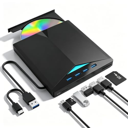External CD DVD Drive for Laptop, USB 3.0 & Type-C Portable CD DVD +/-RW Burner Writer Reader with SD/TF Slot & 4 USB Ports, Slim Optical DVD Drive, CD Player for Windows 11/10/8/7/XP Linux macOS