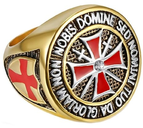 BOBIJOO Jewelry - Chevalière Bague Anneau Homme Chevalier Templier Or Doré Argent Acier 316L Plaqué Croix Rouge Email - 58 (8 US)