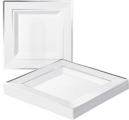 MATANA 20 Assiettes Carrées en Plastique Blanches avec Bord Argenté, 24cm - Solides et Réutilisables - pour Anniversaires, Mariages, Baptêmes, Noël, Fêtes