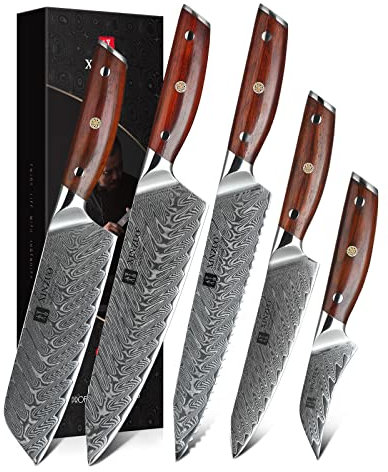 XINZUO Küchenmesser Set 5er, Hochwertige Profi Scharf Kochmesser VG10 Damaststahl Chefmesser Santokumesser Brotmesser Allzweckmesser Obstmesser mit Ergonomischer Rosenholz Griff- Yi Serie