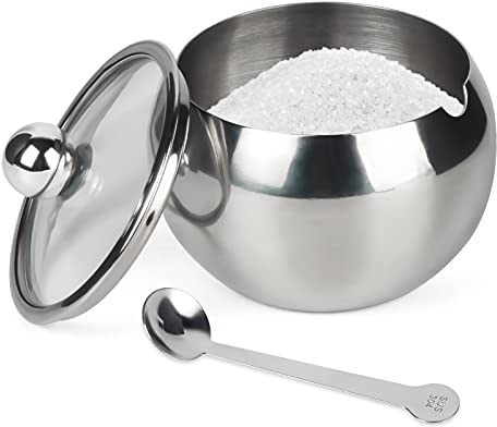 ASIKA Zuckerdose, Edelstahl-Zuckerdose mit transparentem Deckel und Löffel, trommelförmig, kleine Gewürzbehälter für Zuhause und Küche, 240 ml